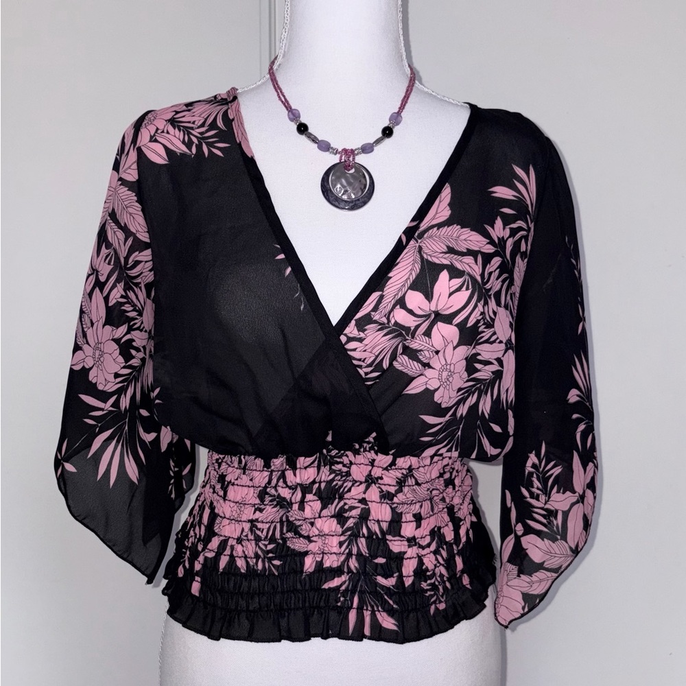Y2K Black and Pink Floral Wrap-Style Blouse